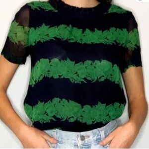☘️J.Crew 100% Silk Ruffle Neck Blouse - Navy & Green Floral - Size 2🍀